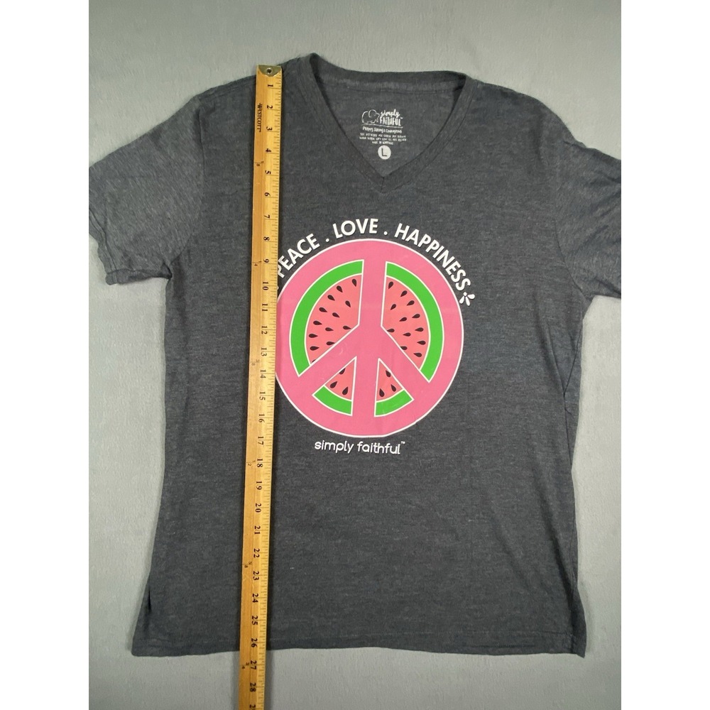 Simply Faithful "Peace Love Happiness" Watermelon Peace Symbol V Neck T Shirt L - Picture 2 of 8